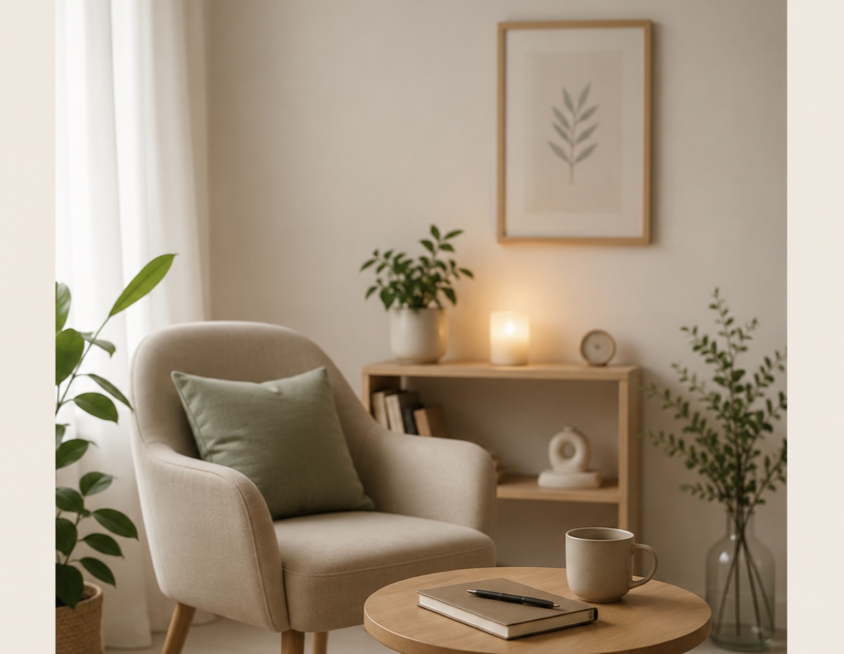 Ambiance d'une séance d'hypnothérapie : fauteuil cosy, plantes, bougie